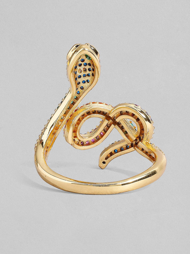 Rubans Voguish Gold Plated Pink, Green & White Stone Studded Snake Shaped Party Wear Ring. Rings