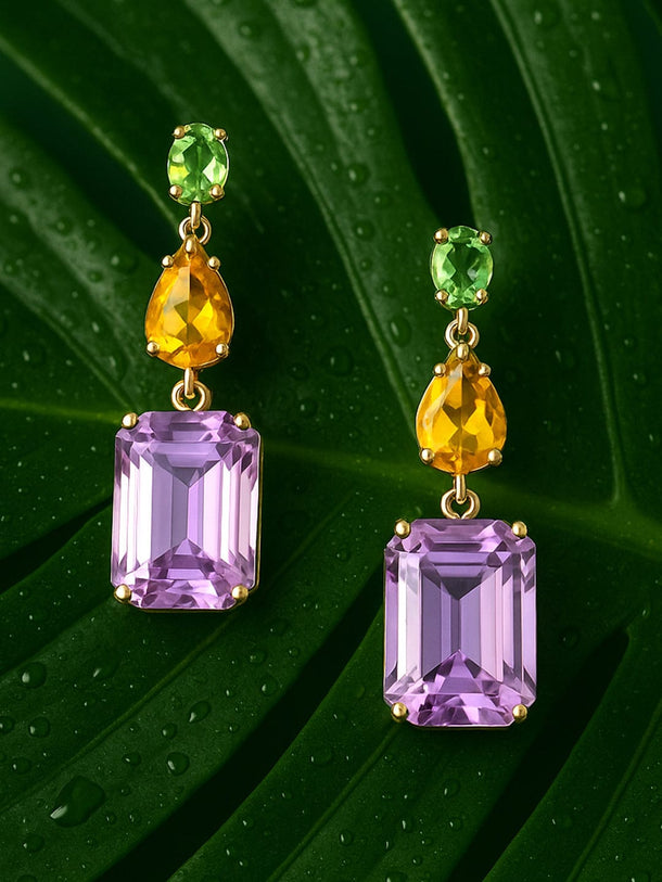 Rubans Voguish Gold-Plated Purple & Yellow Zirconia Stone Studded Geometric Drop Earrings Earrings