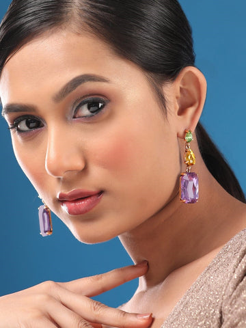 Rubans Voguish Gold-Plated Purple & Yellow Zirconia Stone Studded Geometric Drop Earrings Earrings