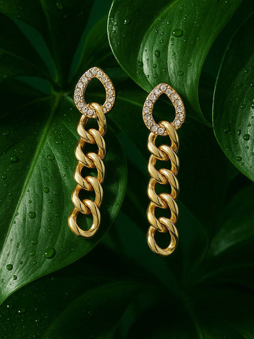 Rubans Voguish Gold Toned Cuban Link  Cubic Zirconia Drop Earrings Earrings