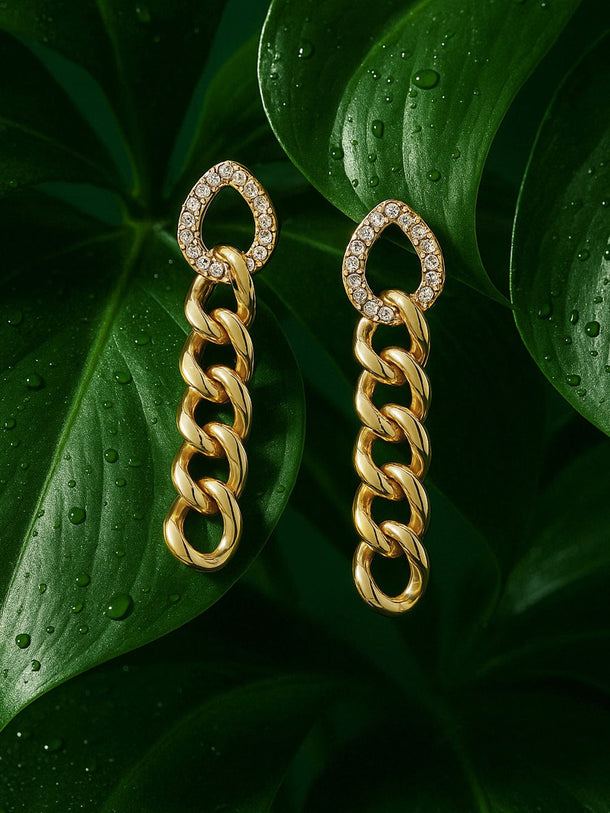 Rubans Voguish Gold Toned Cuban Link  Cubic Zirconia Drop Earrings Earrings