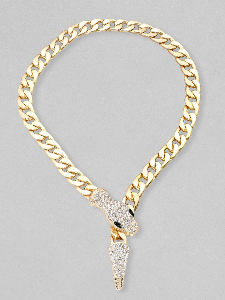 Rubans Voguish Gold Toned Link Style Serpent Chain With Zircon Stones Studded. Chain & Necklaces