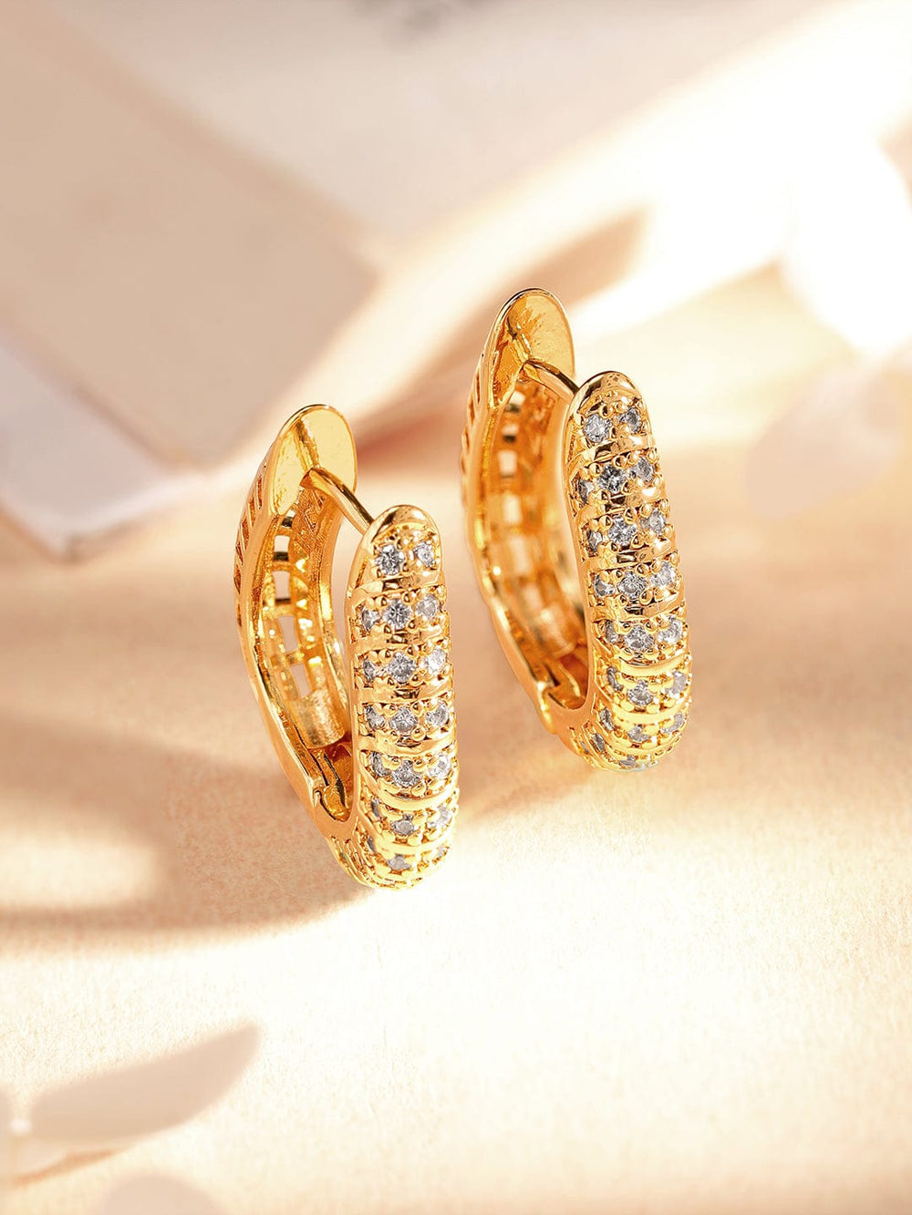Rubans Voguish Gold Toned Pave Zirconia Studded Hoop Earring Earrings