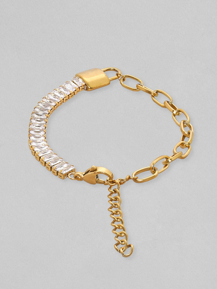 Rubans Voguish Gold Toned Stainless Steel With Baguette Zircons Link Bracelet Bangles & Bracelets