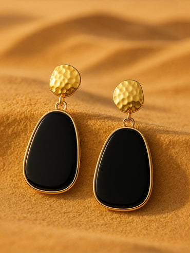 Rubans Voguish Gold Toned Texture With Black Drop Dangle Earrings Earrings