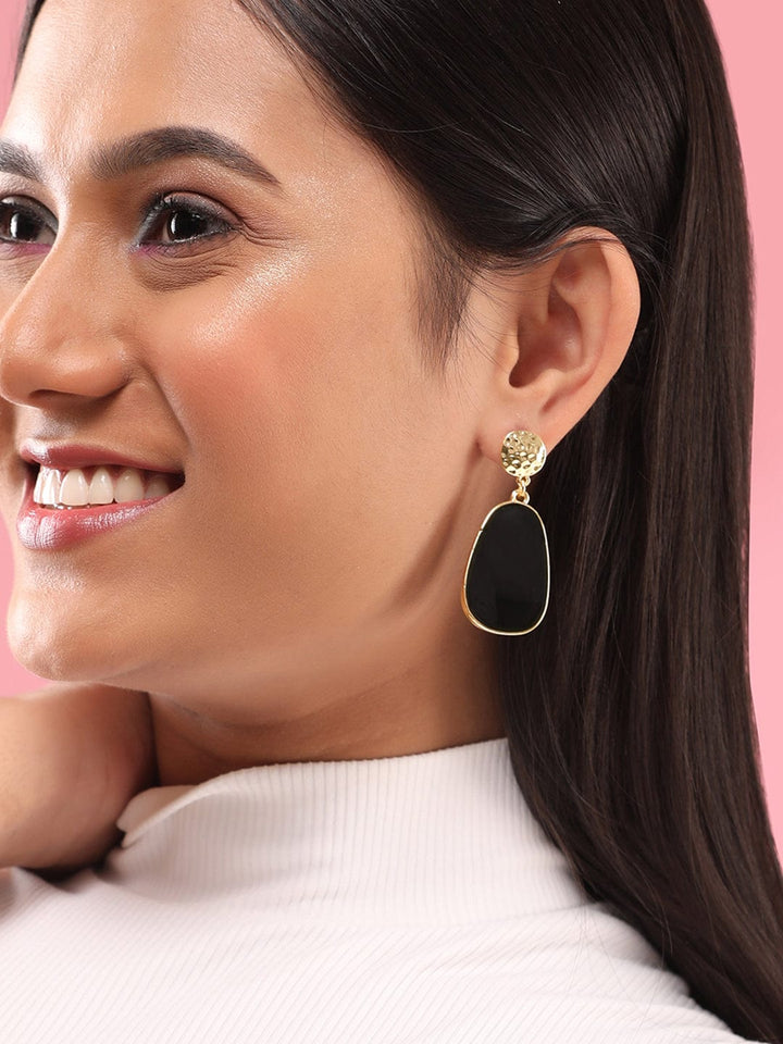 Rubans Voguish Gold Toned Texture With Black Drop Dangle Earrings Earrings