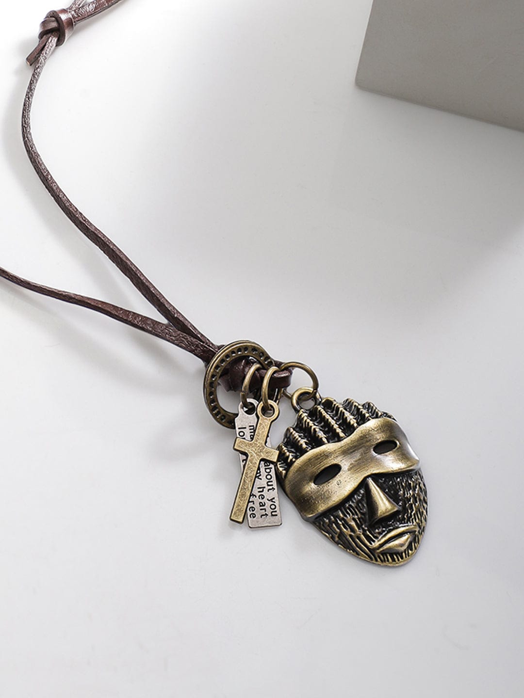 Rubans Voguish Men Brown Lather Necklace With Bohemian Mask Pendant Necklace and Chains