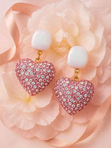 Rubans Voguish Pearl & Pink Crystal Pave Studded Heart Motif Dangle Earring Earrings