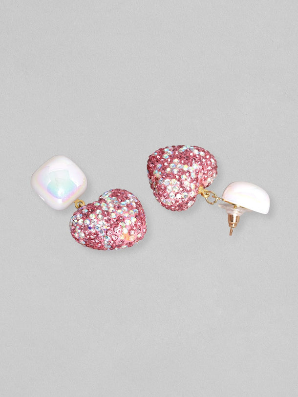 Rubans Voguish Pearl & Pink Crystal Pave Studded Heart Motif Dangle Earring Earrings