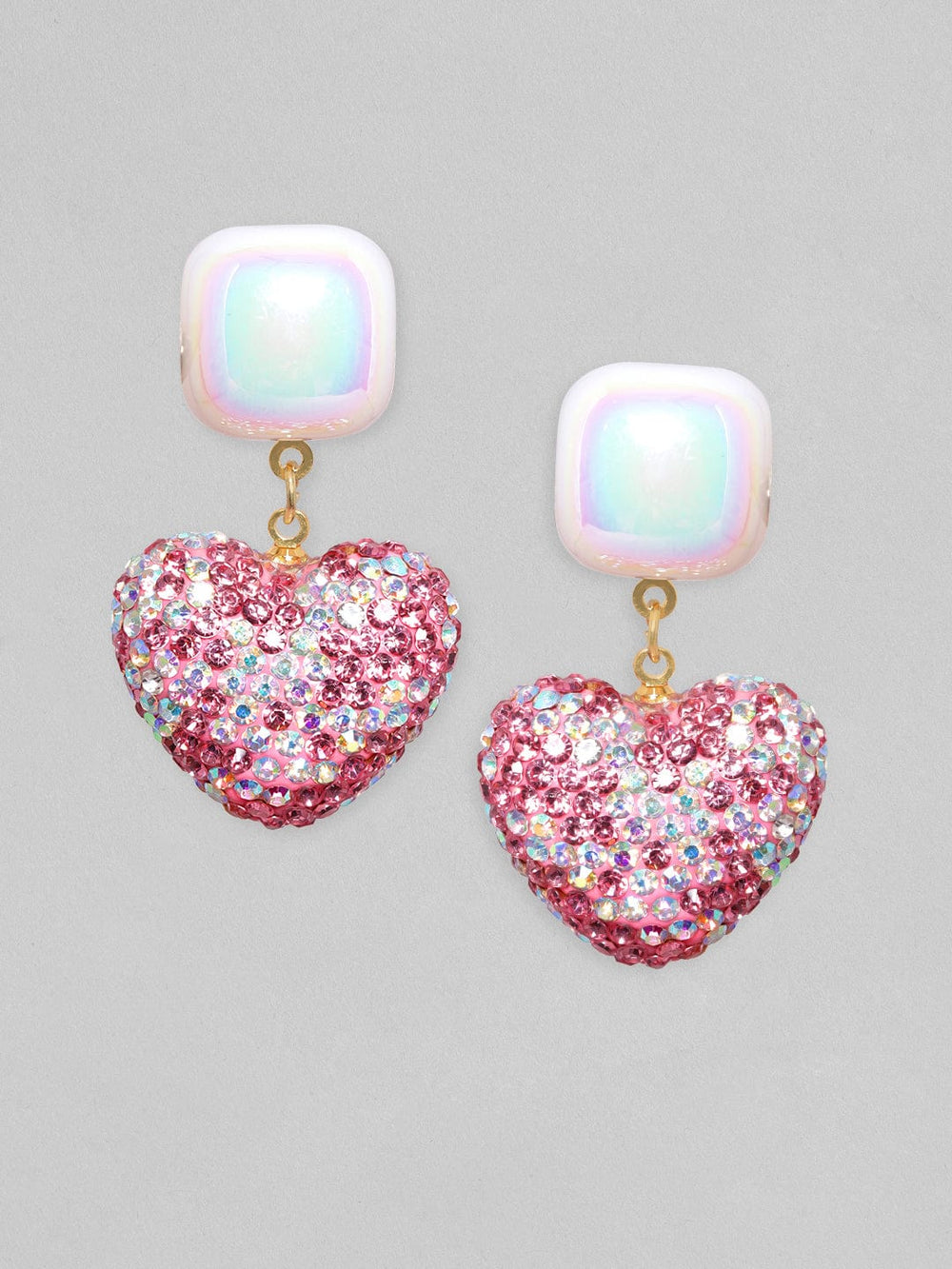 Rubans Voguish Pearl & Pink Crystal Pave Studded Heart Motif Dangle Earring Earrings