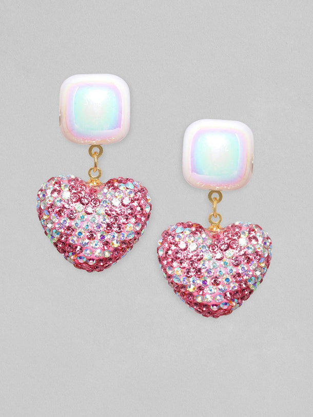 Rubans Voguish Pearl & Pink Crystal Pave Studded Heart Motif Dangle Earring Earrings