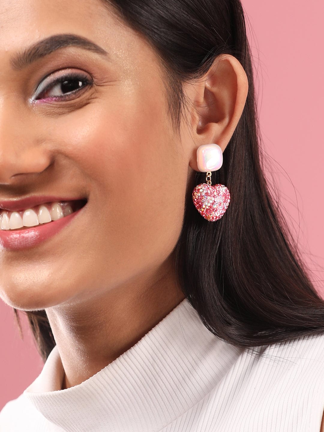 Rubans Voguish Pearl & Pink Crystal Pave Studded Heart Motif Dangle Earring Earrings