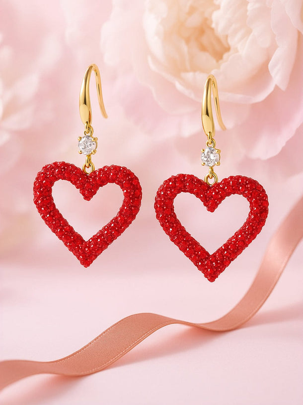 Rubans Voguish Red Pave Crystal Studded Heart Motif Dangle Earrings Earrings