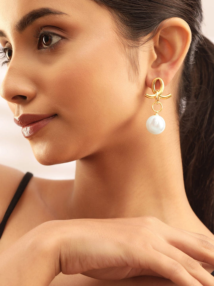 Rubans Voguish Regal Radiance Gold Plated Drop Earrings with Pearl Beaded Hanging Earrings