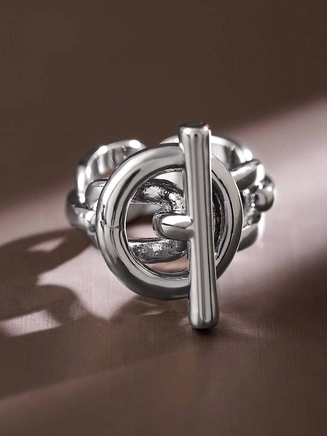 Rubans Voguish Rhodium-Plated Adjustable Chain-Link Statement Ring Rings