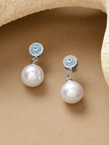 Rubans Voguish Rhodium-Plated Brass Blue & White Zirconia Studs and White Pearl Drops Earrings Earrings