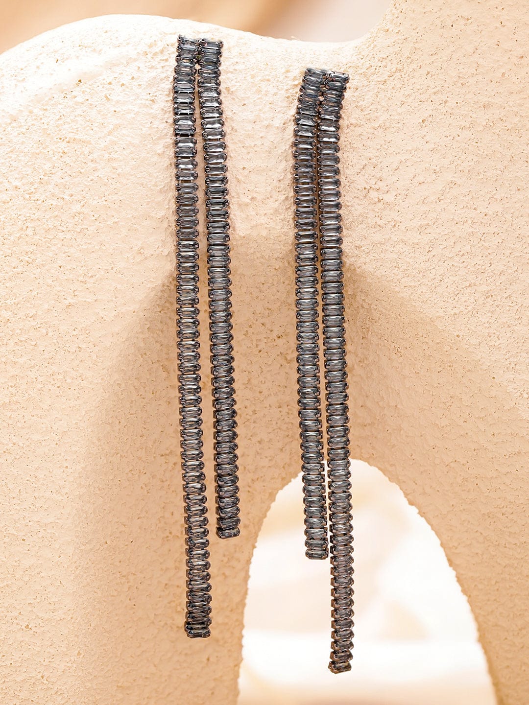 Rubans Voguish Rhodium-Plated Brass Crystal AD Linear Tassel Earrings in Black Silver Tone Earrings