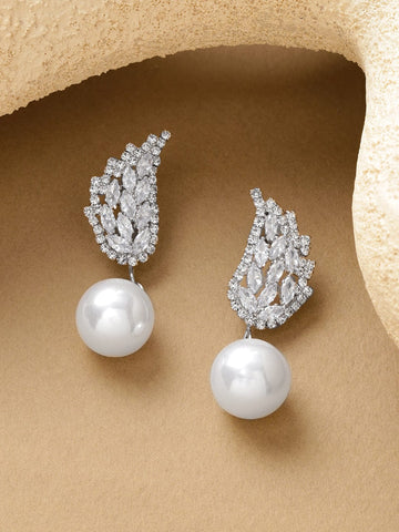Rubans Voguish Rhodium-Plated Brass Crystal AD Wing Stud & White Pearl Drop Earrings Earrings