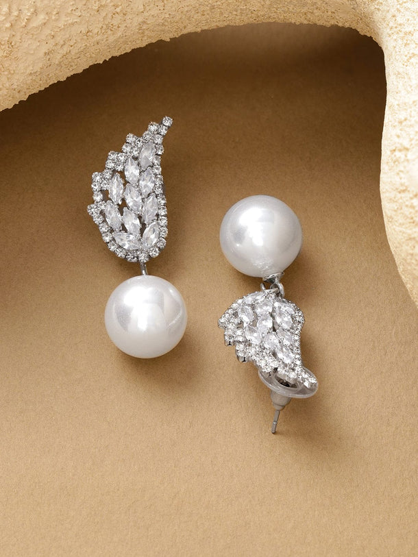 Rubans Voguish Rhodium-Plated Brass Crystal AD Wing Stud & White Pearl Drop Earrings Earrings