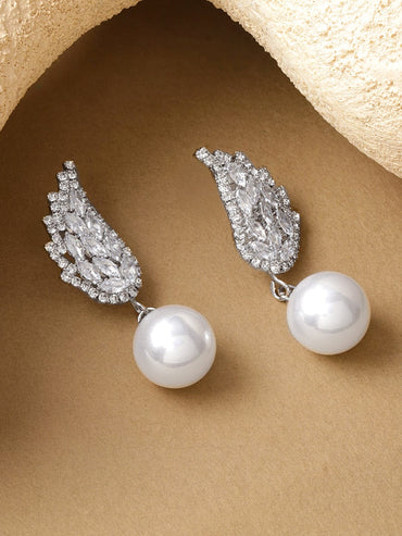 Rubans Voguish Rhodium-Plated Brass Crystal AD Wing Stud & White Pearl Drop Earrings Earrings