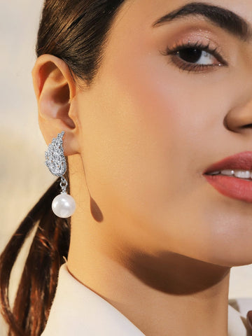 Rubans Voguish Rhodium-Plated Brass Crystal AD Wing Stud & White Pearl Drop Earrings Earrings