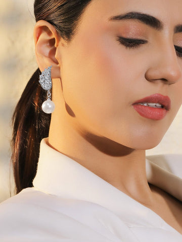 Rubans Voguish Rhodium-Plated Brass Crystal AD Wing Stud & White Pearl Drop Earrings Earrings
