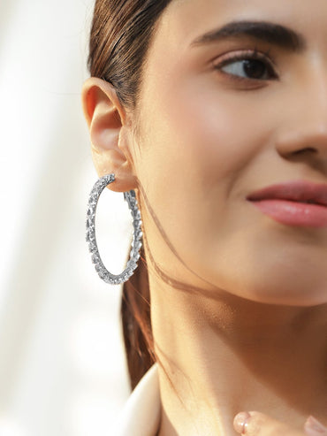 Rubans Voguish Rhodium-Plated Brass Crystal Cubic Zirconia Big Hoop Earrings Earrings