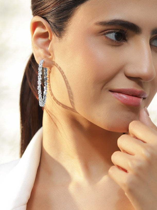 Rubans Voguish Rhodium-Plated Brass Crystal Cubic Zirconia Big Hoop Earrings Earrings