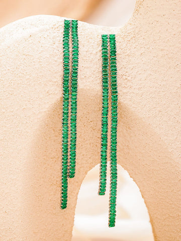Rubans Voguish Rhodium-Plated Brass Emerald Green Crystal AD Stones Linear Tassel Dangler Earrings Earrings