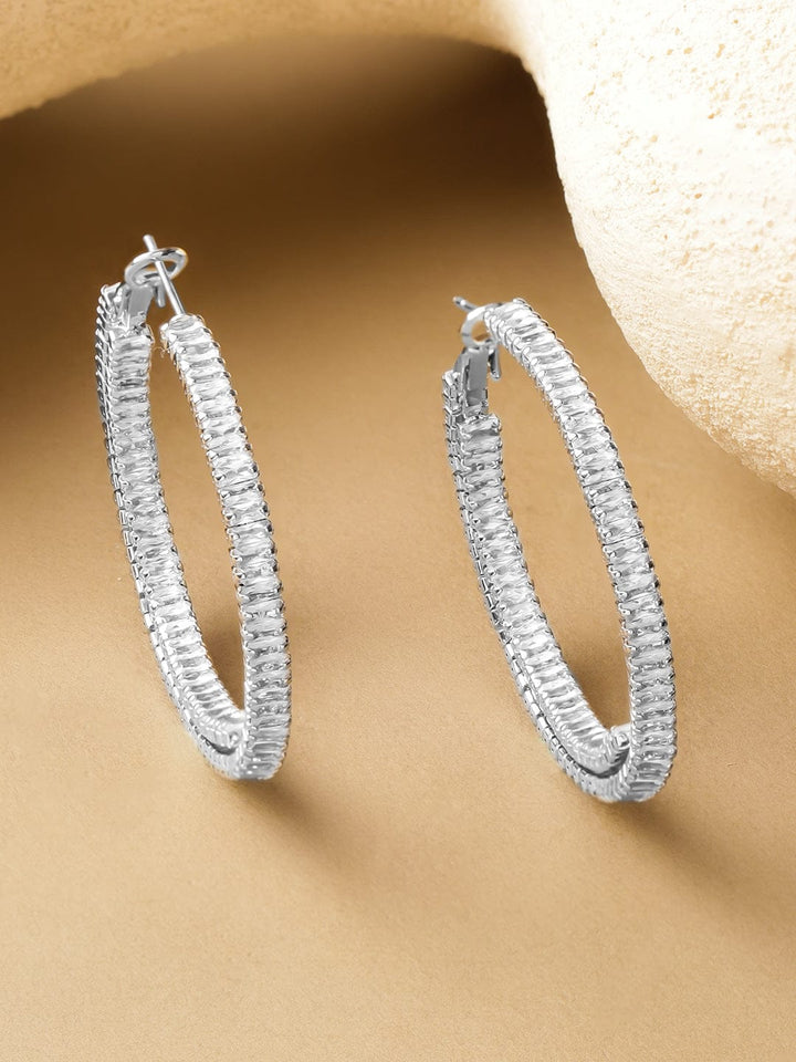 Rubans Voguish Rhodium-Plated Brass Textured Hoop Earrings with Crystal Stones Earrings