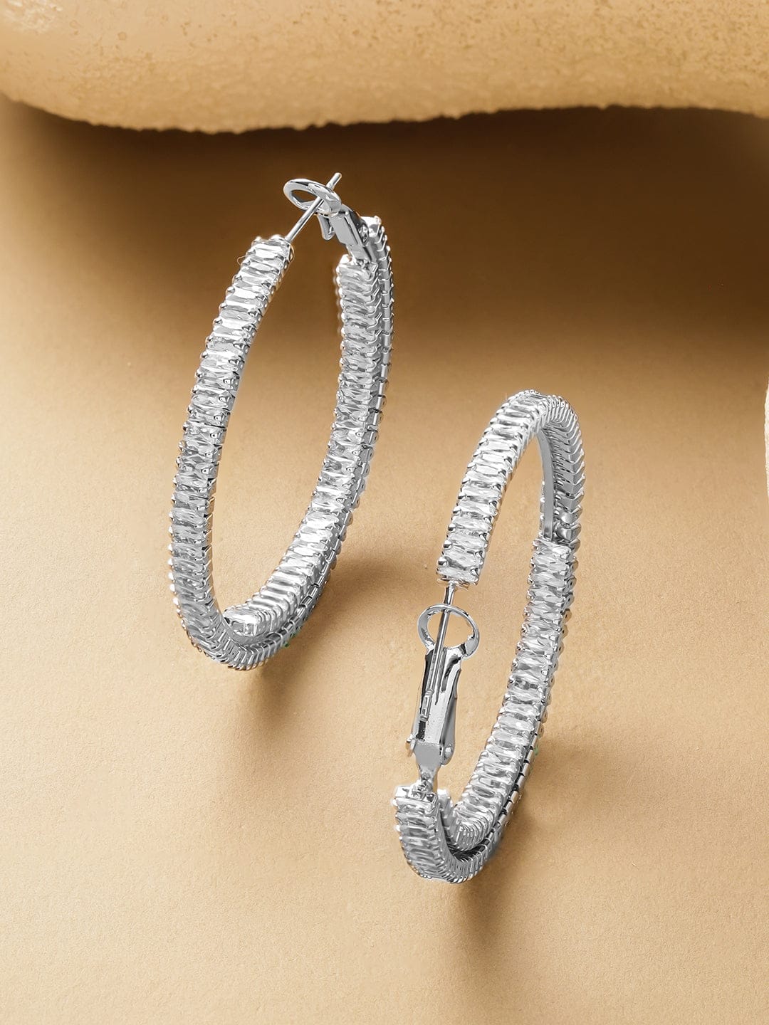 Rubans Voguish Rhodium-Plated Brass Textured Hoop Earrings with Crystal Stones Earrings