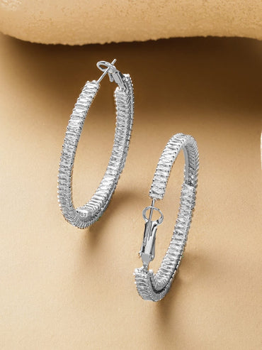 Rubans Voguish Rhodium-Plated Brass Textured Hoop Earrings with Crystal Stones Earrings