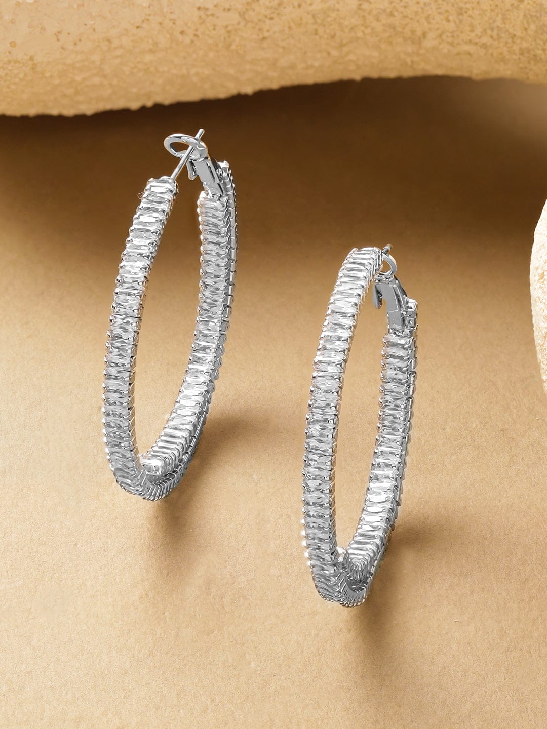 Rubans Voguish Rhodium-Plated Brass Textured Hoop Earrings with Crystal Stones Earrings