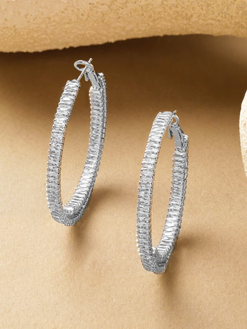 Rubans Voguish Rhodium-Plated Brass Textured Hoop Earrings with Crystal Stones Earrings