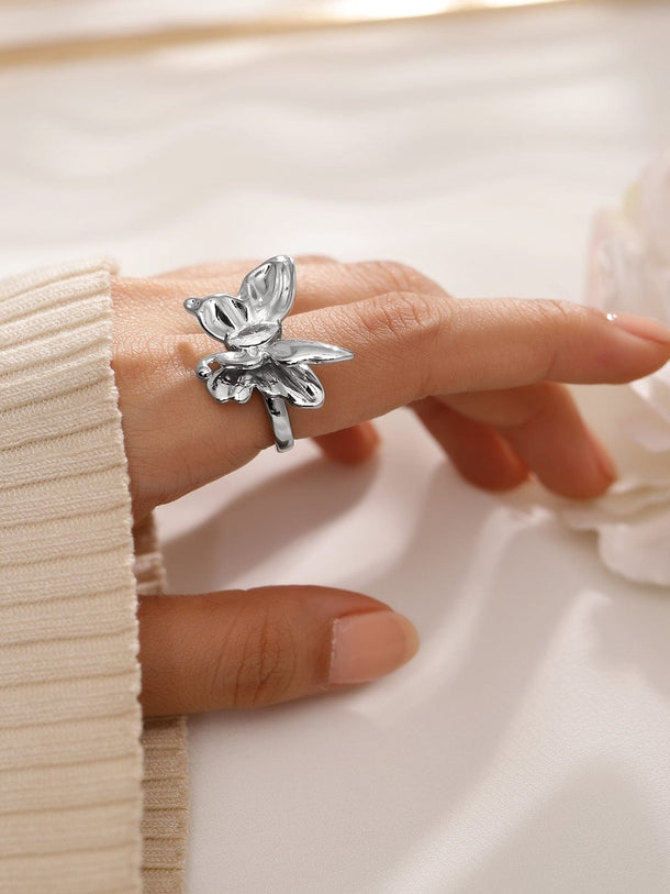 Rubans Voguish Rhodium-Plated Butterfly Design Statement Adjustable Ring Finger Ring
