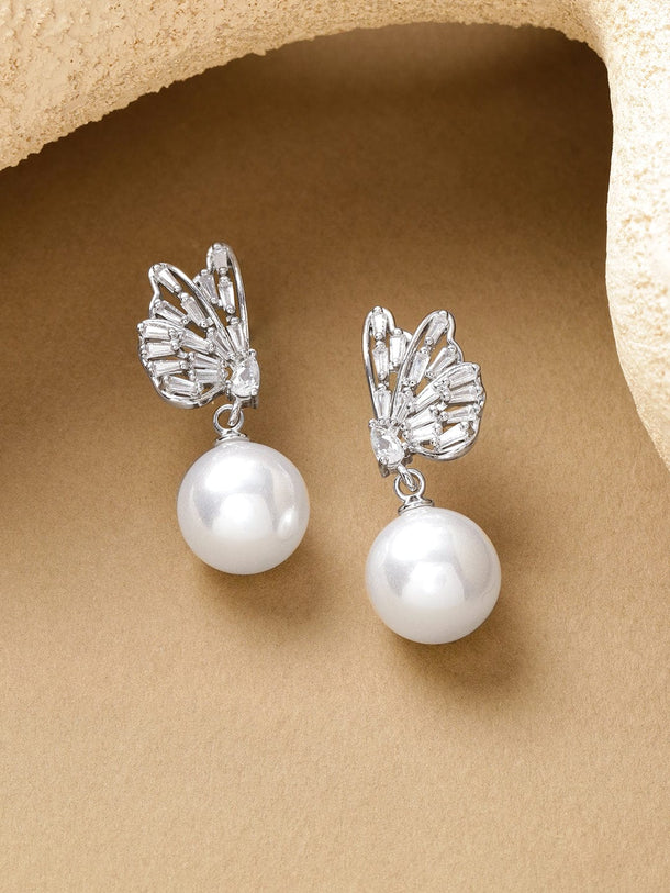 Rubans Voguish Rhodium-Plated Butterfly Wing Crystal AD Stud and White Pearl Drop Earrings Earrings