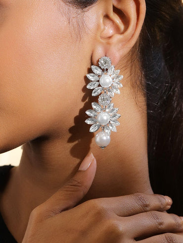 Rubans Voguish Rhodium-Plated Crystal AD & White Pearl Studded Floral Drop Earrings Earrings