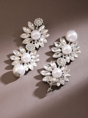 Rubans Voguish Rhodium-Plated Crystal AD & White Pearl Studded Floral Drop Earrings Earrings