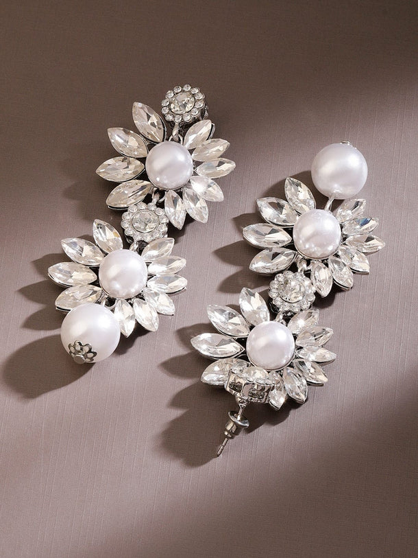 Rubans Voguish Rhodium-Plated Crystal AD & White Pearl Studded Floral Drop Earrings Earrings