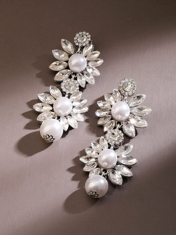 Rubans Voguish Rhodium-Plated Crystal AD & White Pearl Studded Floral Drop Earrings Earrings