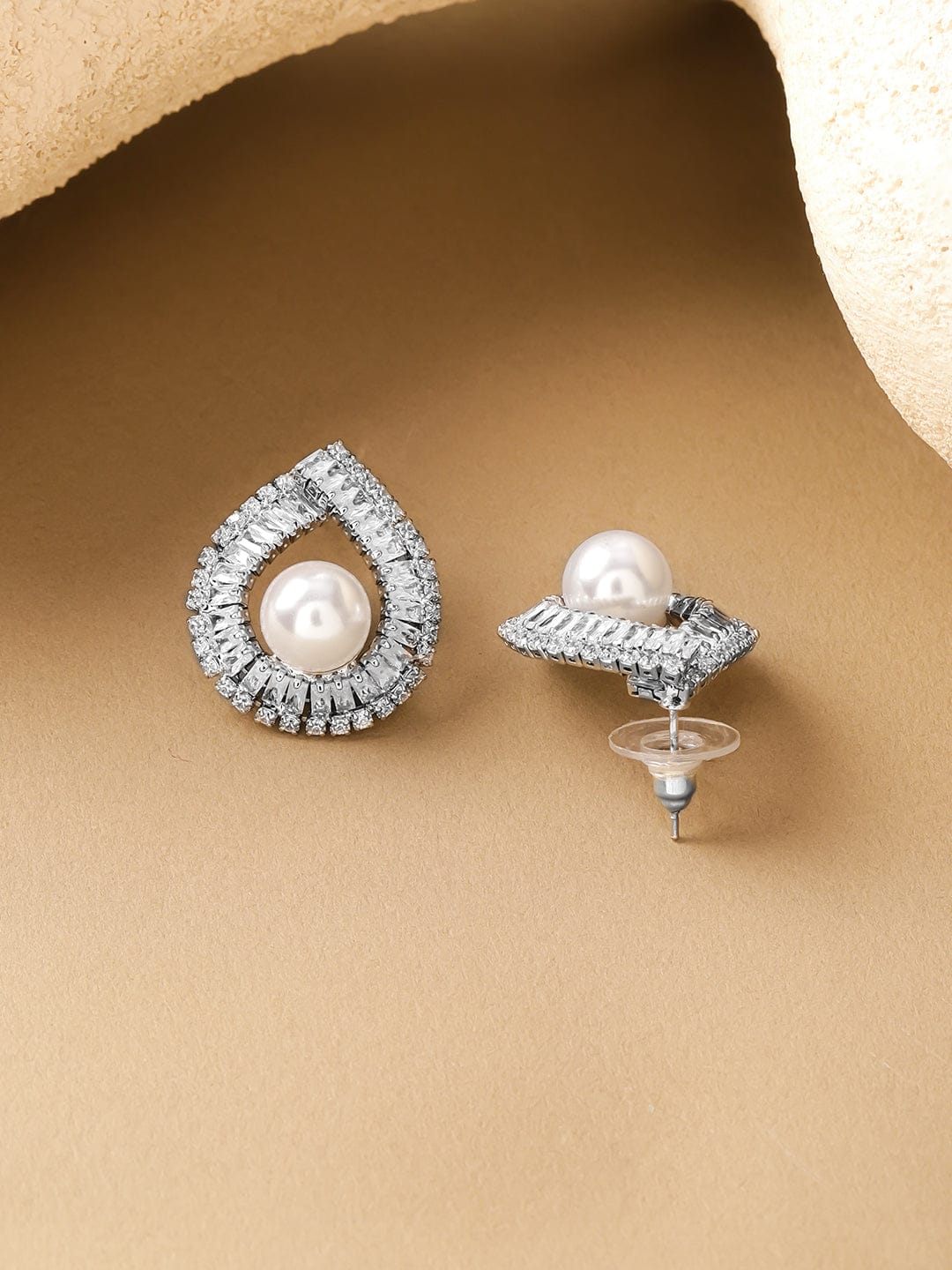 Rubans Voguish Rhodium-Plated Crystal AD & White Pearl Teardrop Stud Earrings Earrings