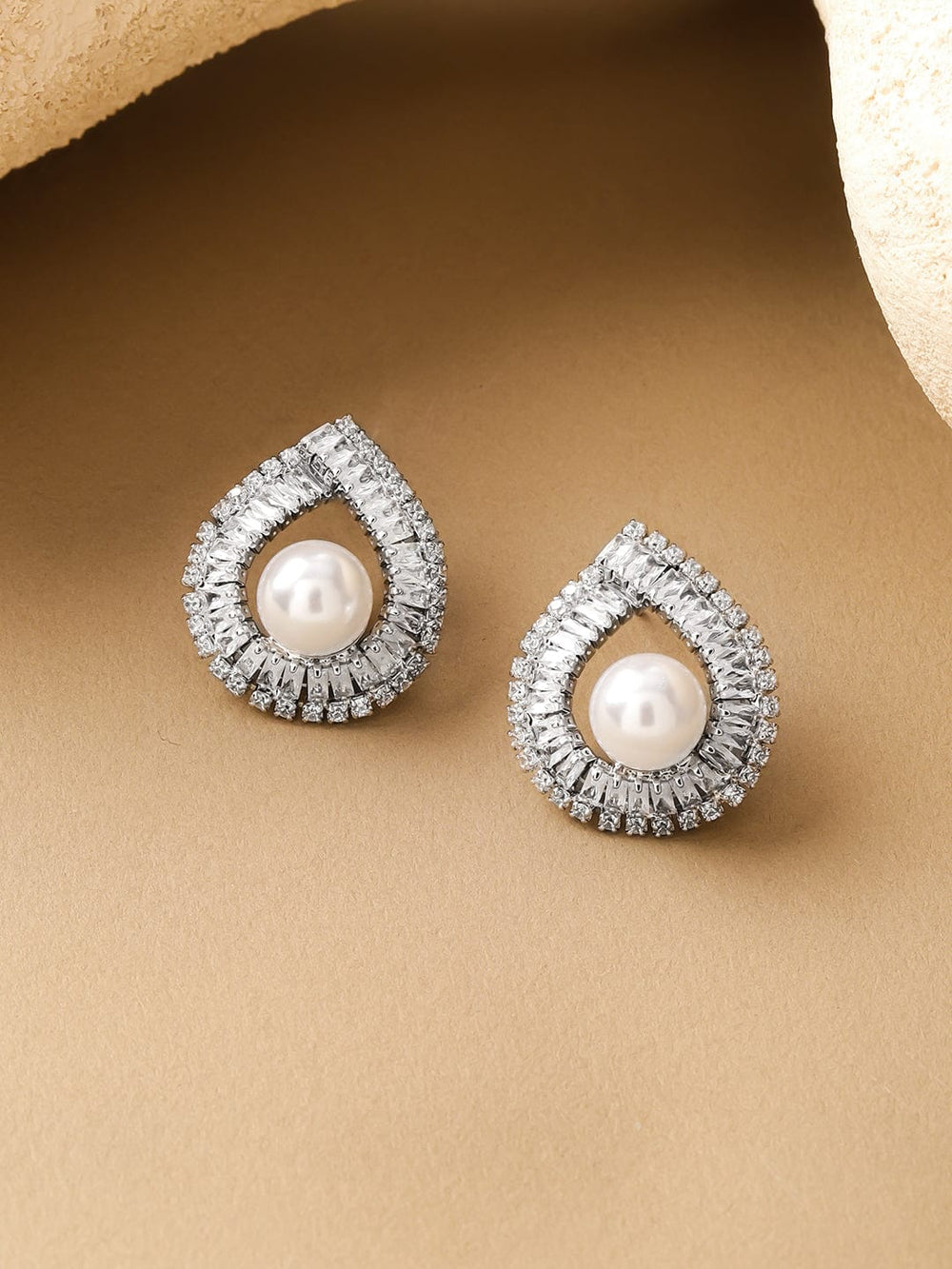 Rubans Voguish Rhodium-Plated Crystal AD & White Pearl Teardrop Stud Earrings Earrings