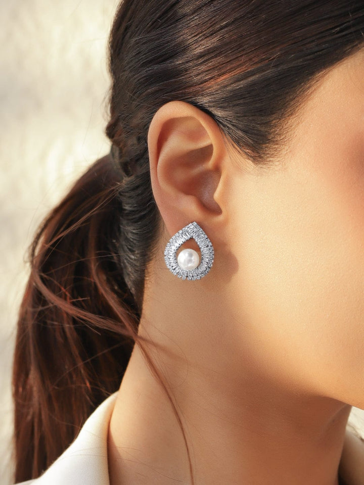 Rubans Voguish Rhodium-Plated Crystal AD & White Pearl Teardrop Stud Earrings Earrings