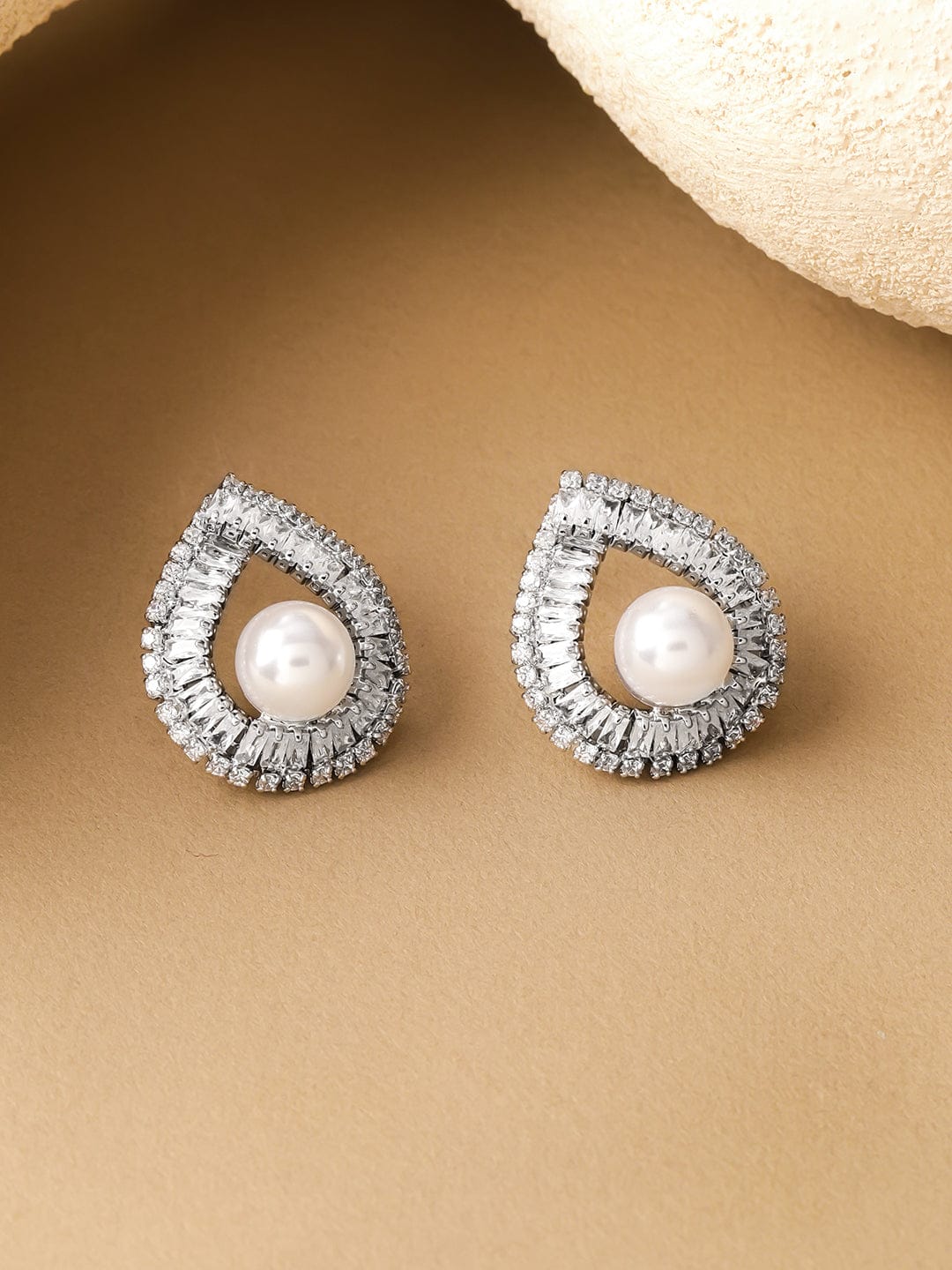 Rubans Voguish Rhodium-Plated Crystal AD & White Pearl Teardrop Stud Earrings Earrings
