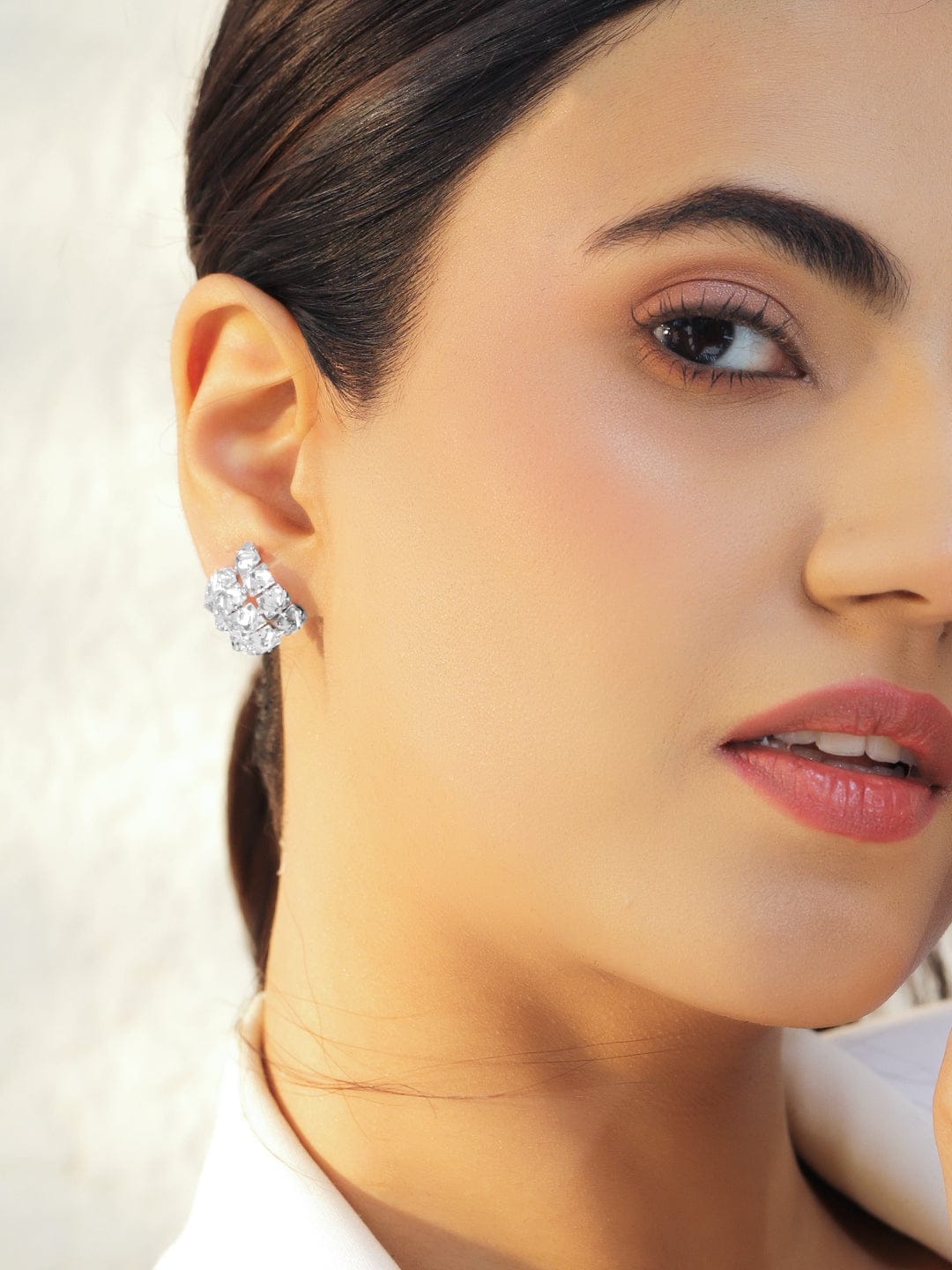 Rubans Voguish Rhodium-Plated Crystal Cubic Zirconia Cluster Stud Earrings Earrings