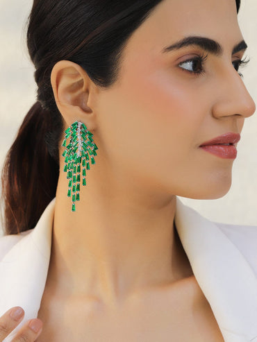 Rubans Voguish Rhodium-Plated Crystal Emerald Green AD & Zirconia Tassel Danglers Earrings Earrings