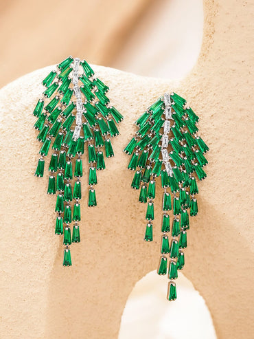 Rubans Voguish Rhodium-Plated Crystal Emerald Green AD & Zirconia Tassel Danglers Earrings Earrings