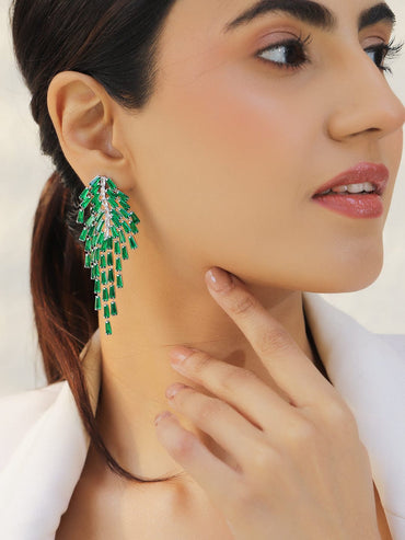 Rubans Voguish Rhodium-Plated Crystal Emerald Green AD & Zirconia Tassel Danglers Earrings Earrings