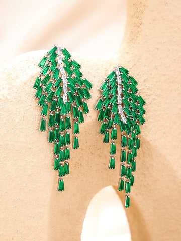 Rubans Voguish Rhodium-Plated Crystal Emerald Green AD & Zirconia Tassel Danglers Earrings Earrings