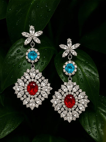 Rubans Voguish Rhodium Plated Crystal Multicolor Zirconia Studded Floral Drop Earrings Earrings